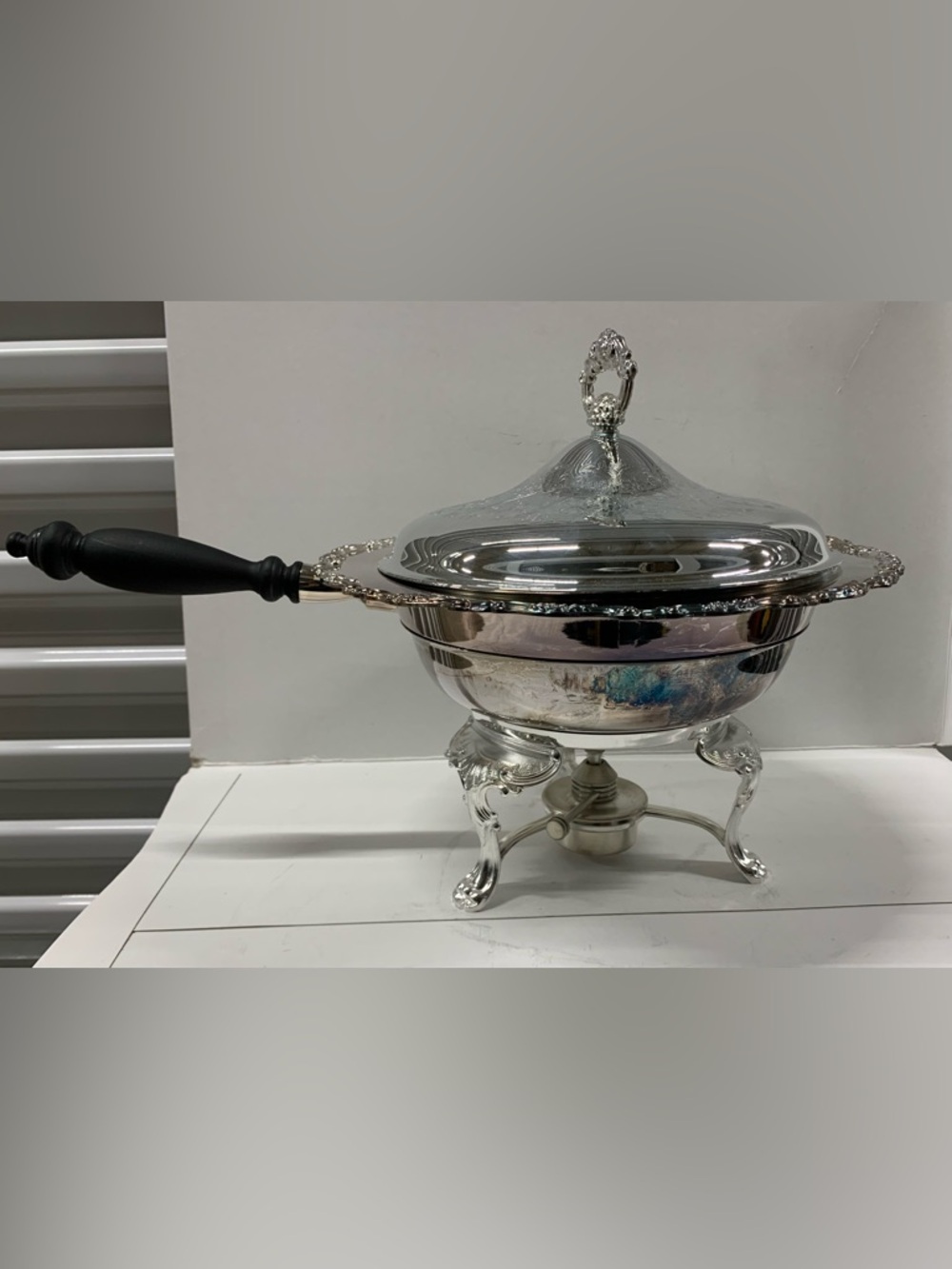 Silver Plated Chafing Dish with Black Wooden Handle